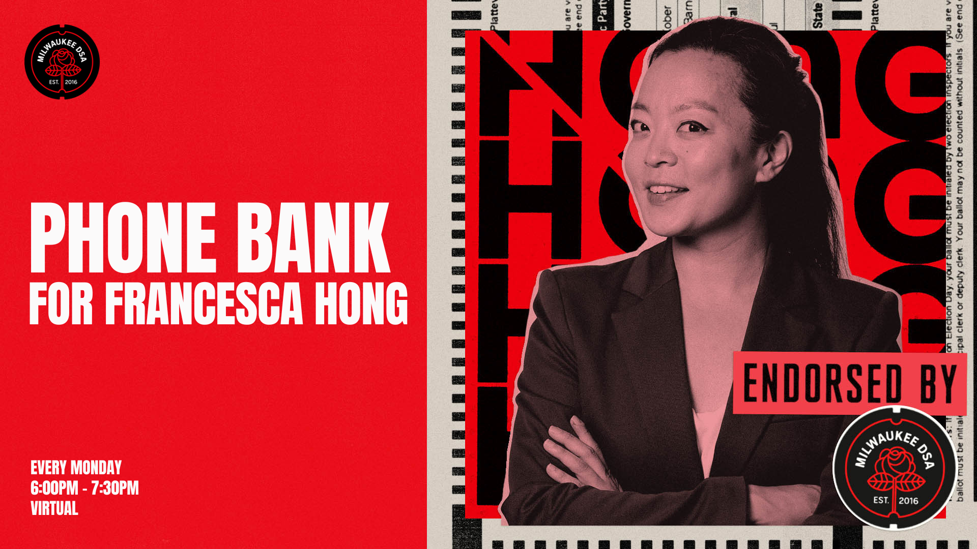 Image includes photo of Francesca Hong along with the words Phonebank for Francesca Hong