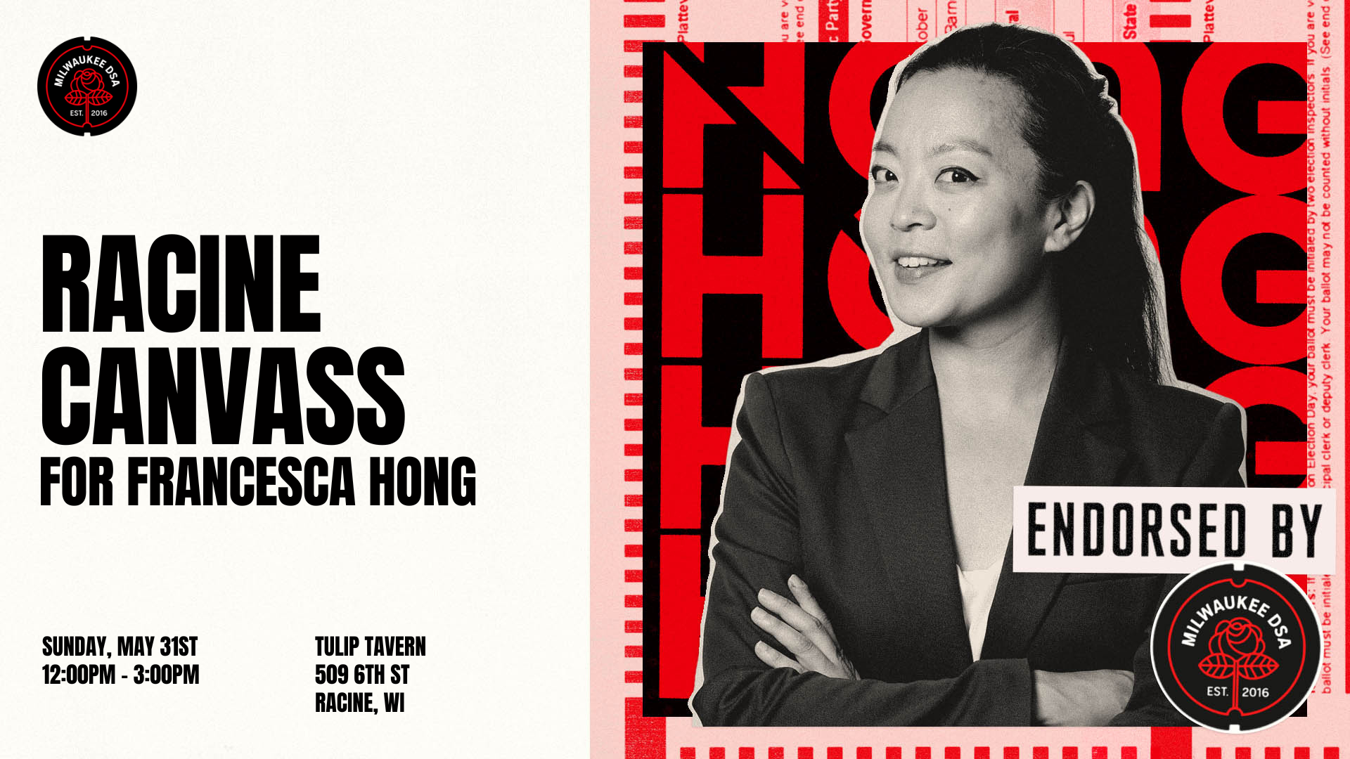 An image of Francesca Hong with the text 'Racine Canvass'