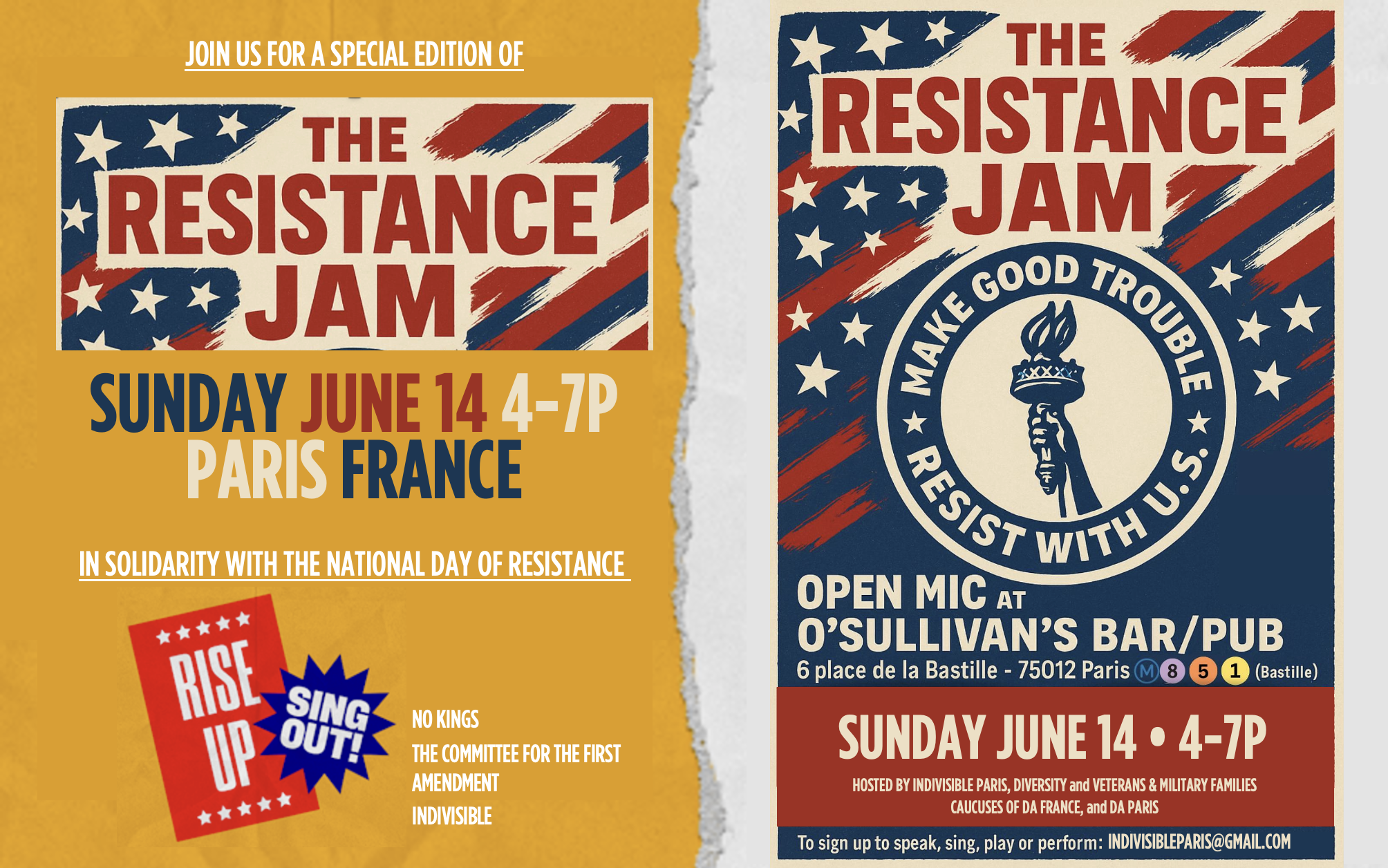 NO KINGS / RISE UP SING OUT / RESISTANCE JAM PARIS on June 14 2026