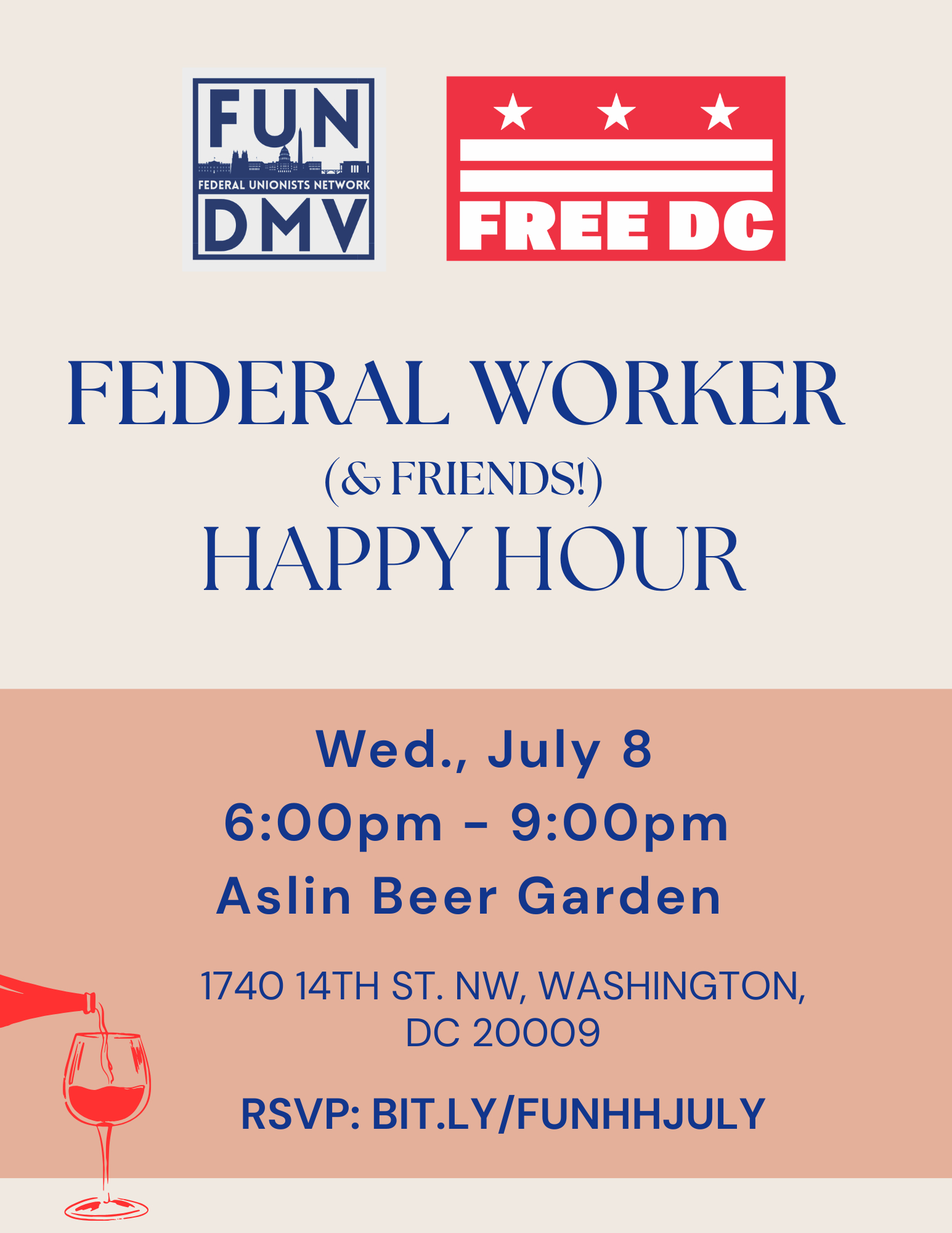 Informational Flyer for FUN-DMV Monthly Happy Hour