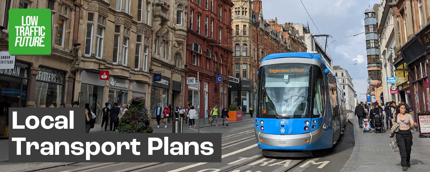 Photo showing a tram on a busy shopping street in Birmingham, UK. Text overlayed says 'Local Transport Plans'