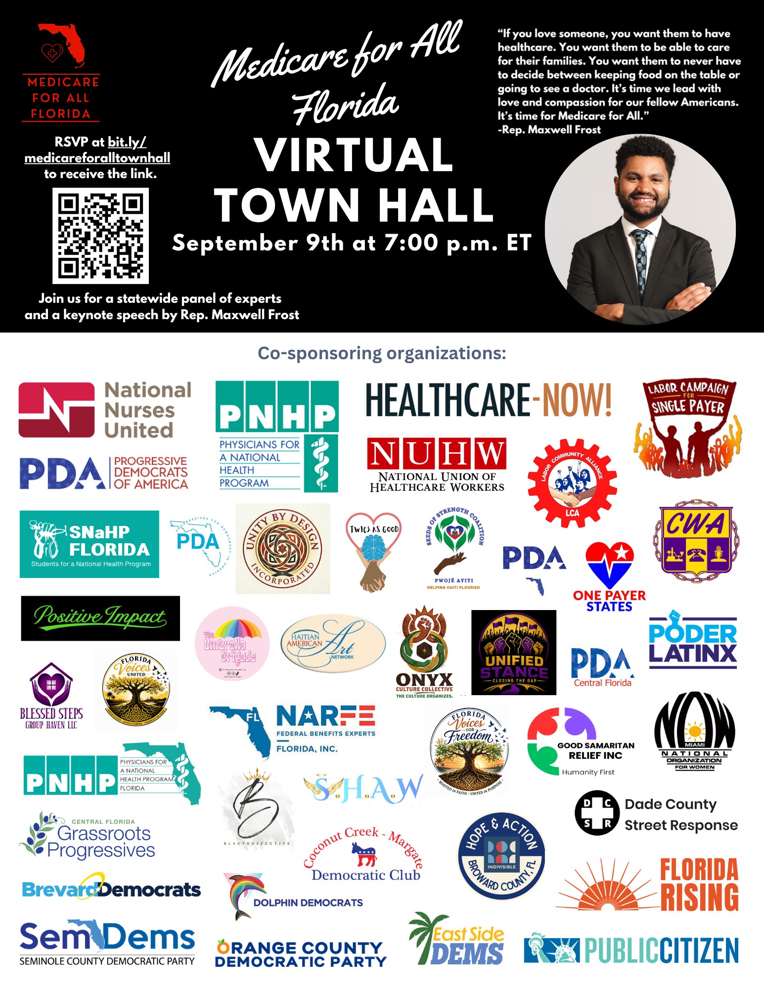 Event image for September 9 Medicare for All town hall with Congressman Maxwell Frost