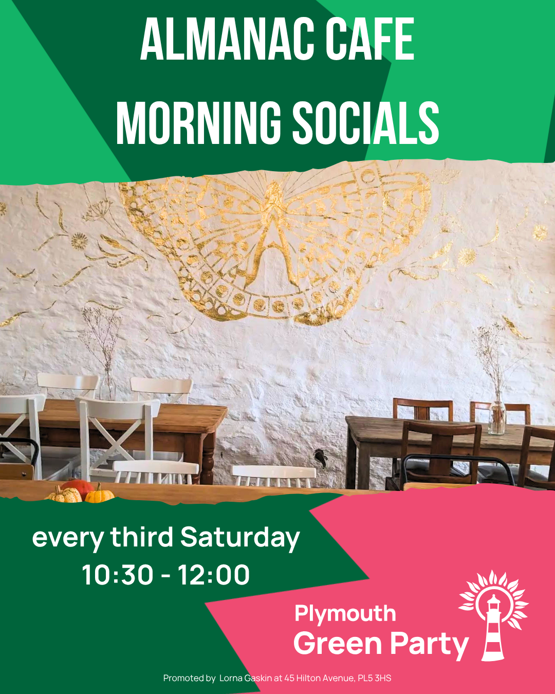 basic graphic featuring Almanac Cafe golden butterfly mural 