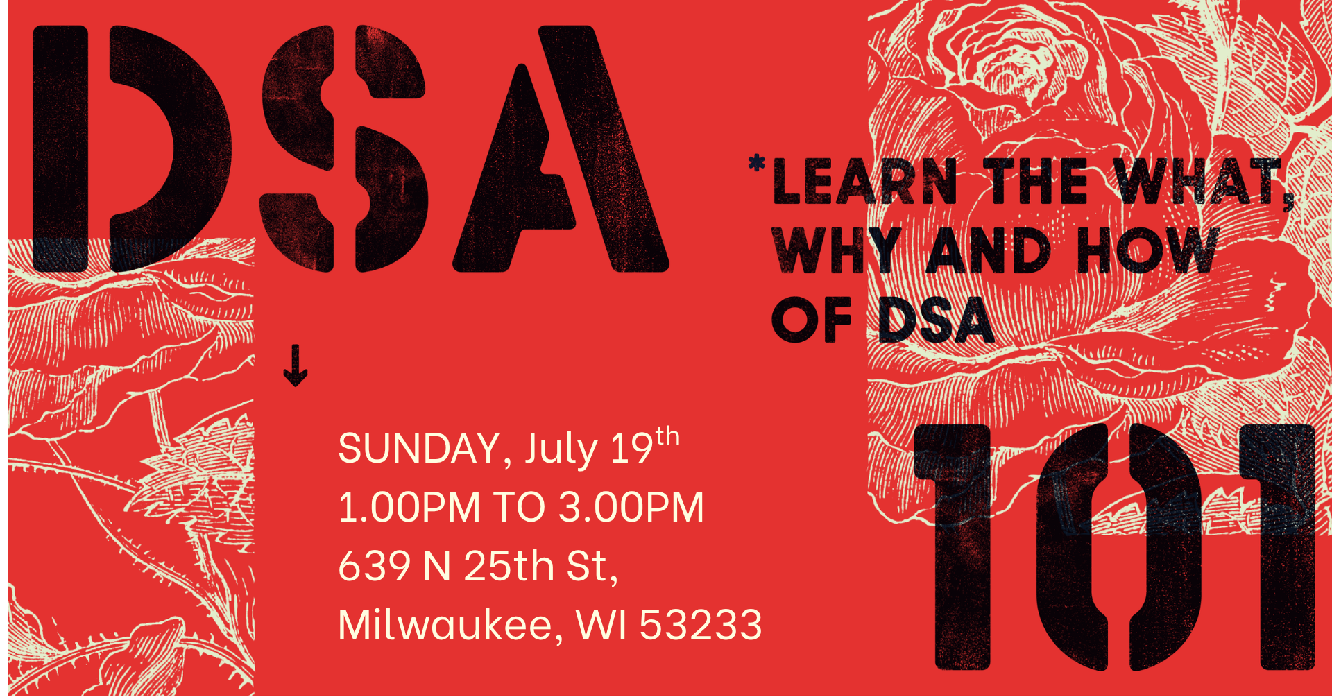 Red image with the words DSA 101 and additional event information