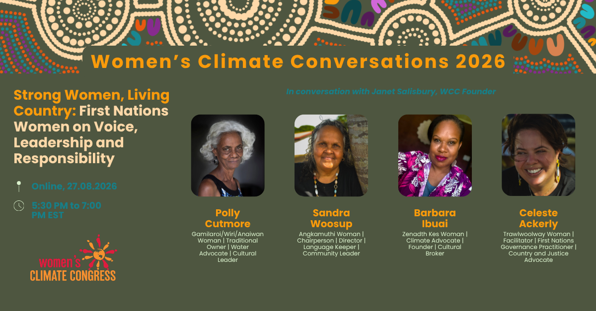 Event publicity image with Title, time and date of event, images and names of speakers and WCC logo> The image also has a background featuring First Nations artwork