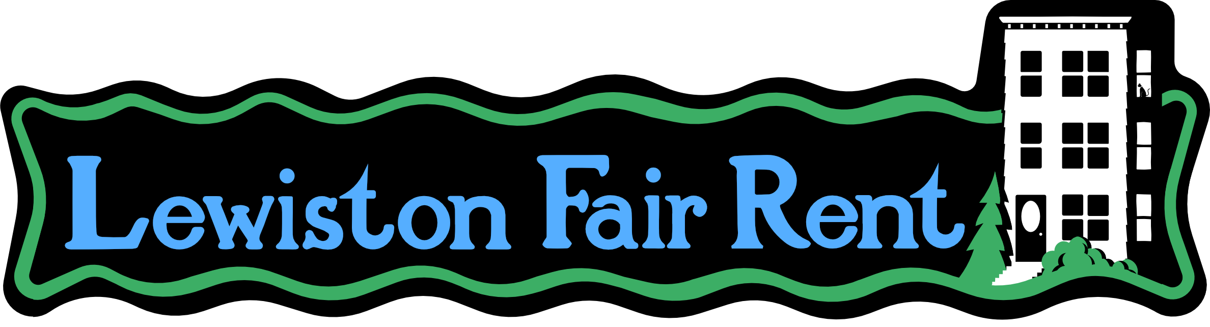 Blue, Green and Black colored banner with multi-unit building reads "Lewiston Fair Rent"