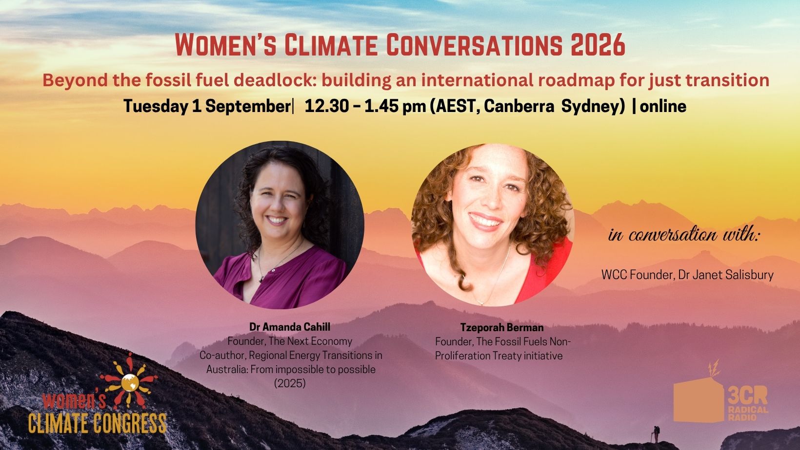 Event publicity image with Title, time and date of event, images and names of speakers and WCC logo> The image also has a background featuring First Nations artwork