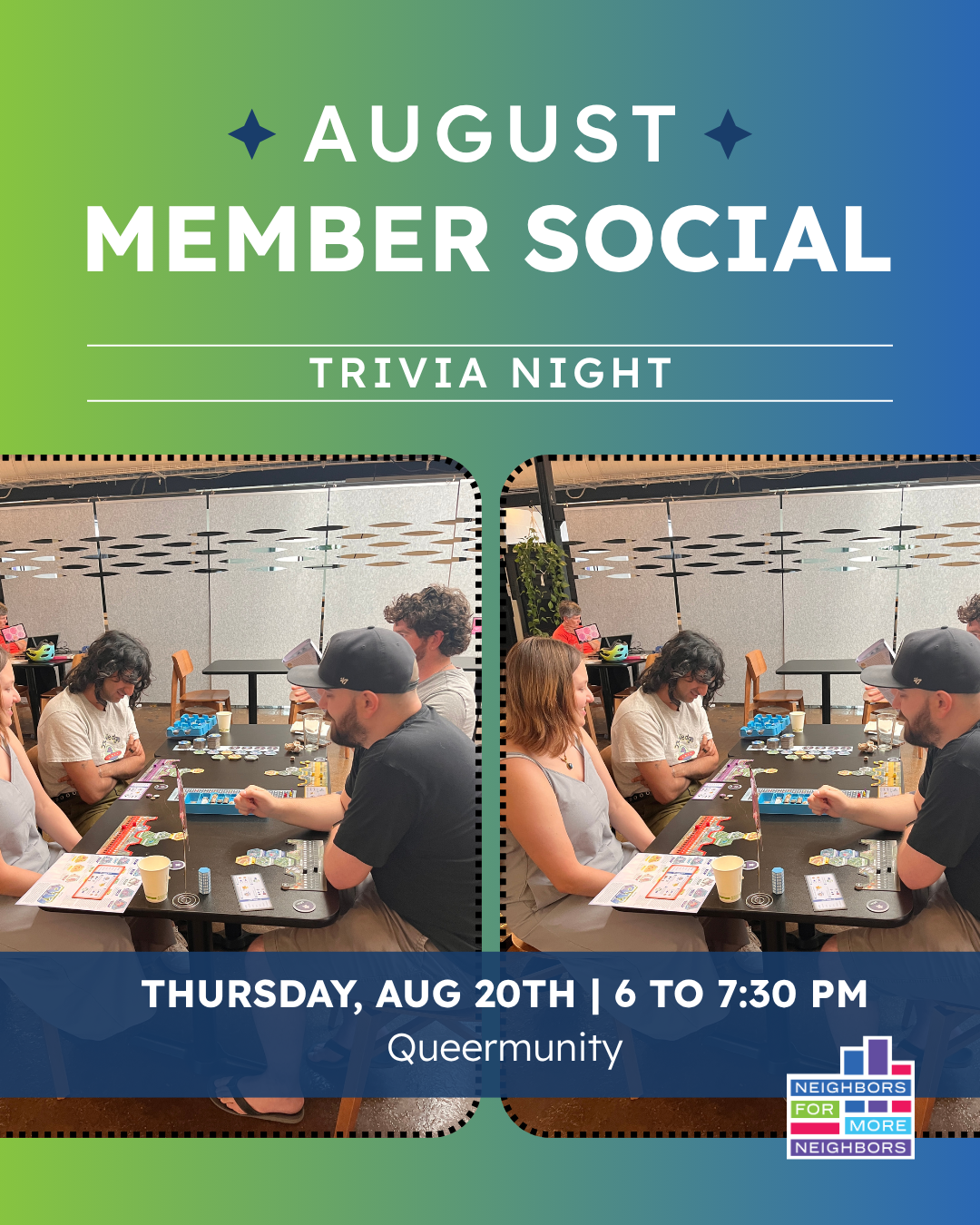 Graphic promoting August Member Social - Trivia Night on Thursday, August 20th at 6 pm. Location: Queermunity
