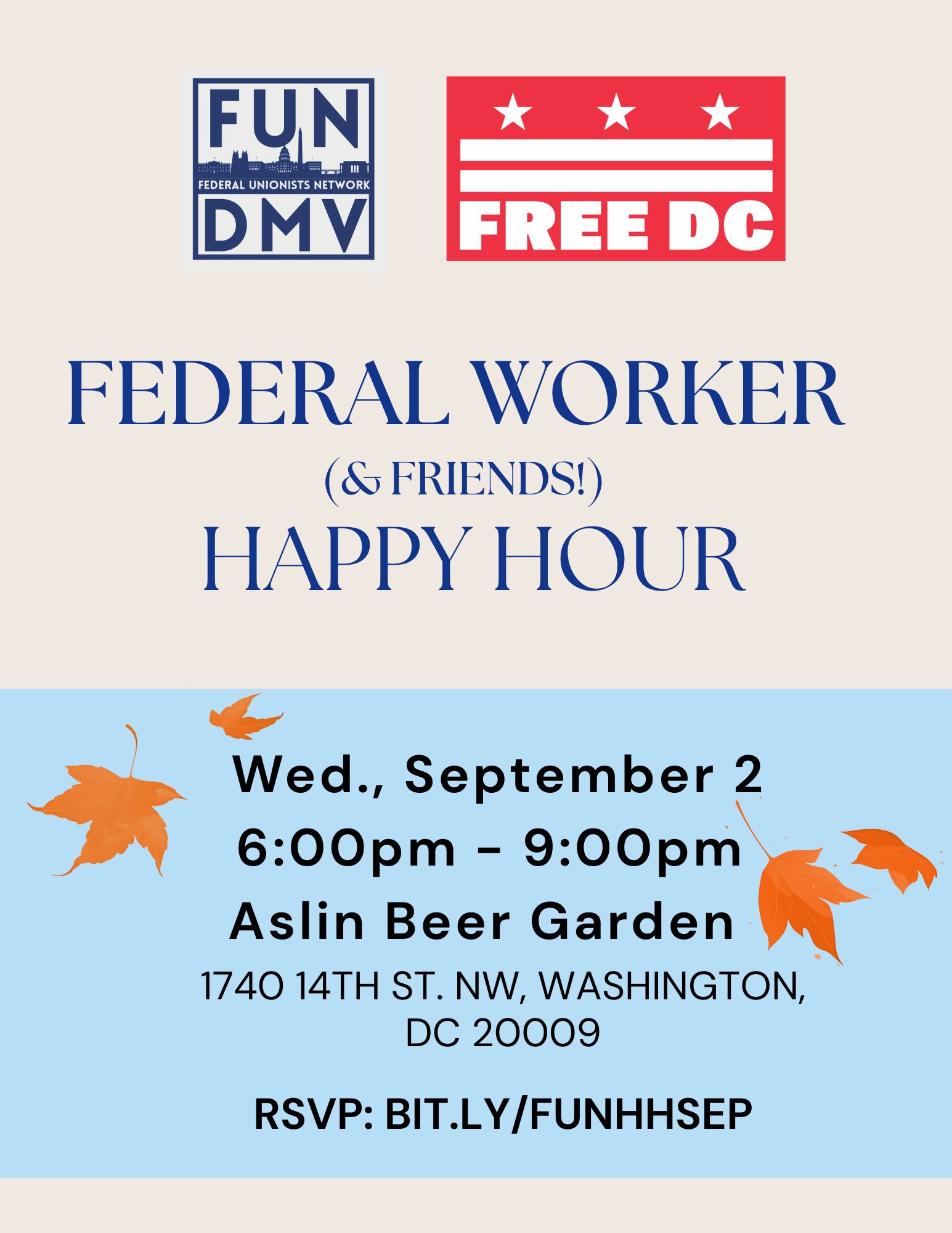 Informational Flyer for FUN-DMV Monthly Happy Hour
