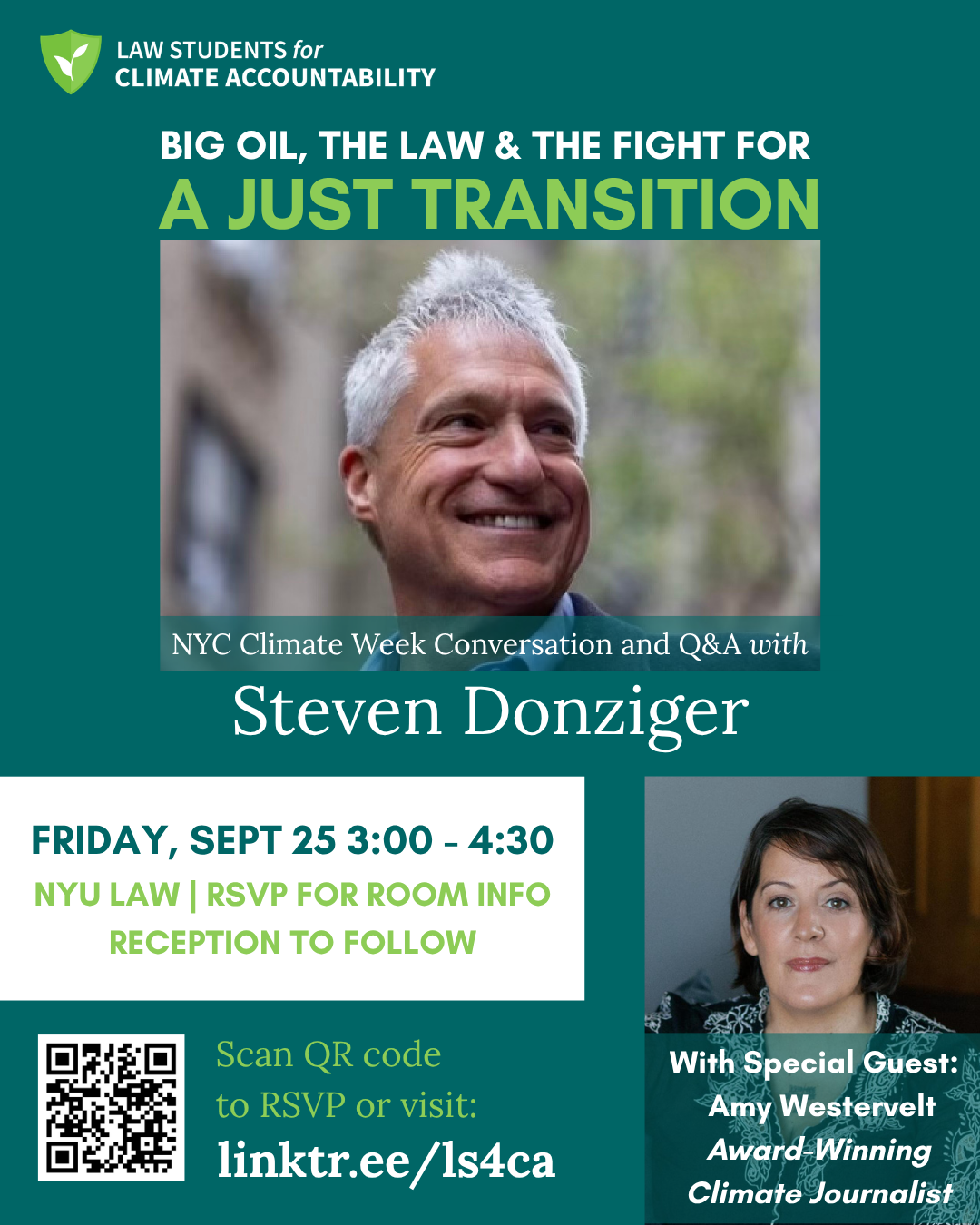 Event Flyer featuring Steven Donziger and special guest Amy Westervelt