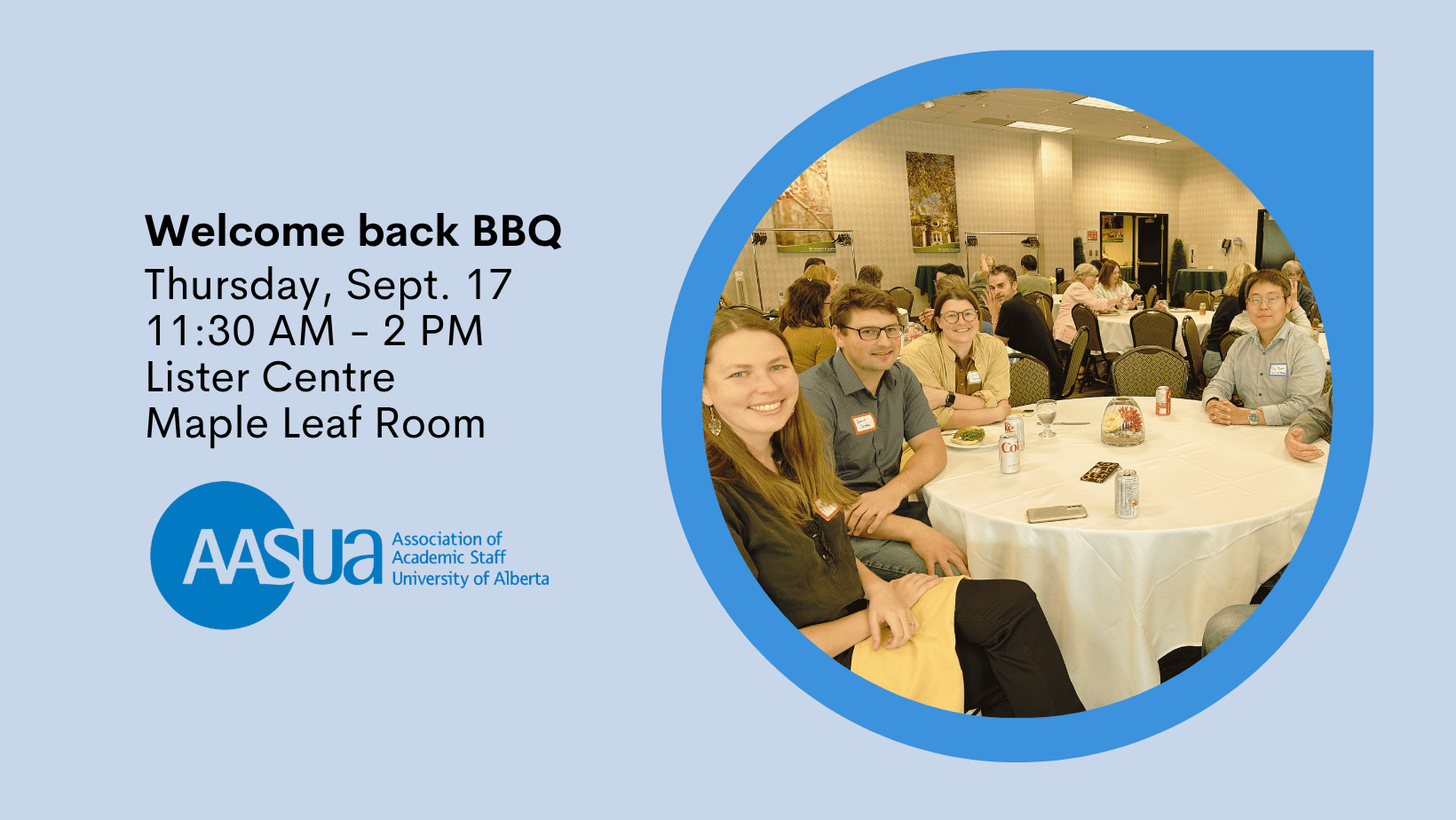 A graphic advertises the welcome back BBQ showing the event day, time, and location. An image of AASUA members sitting around a