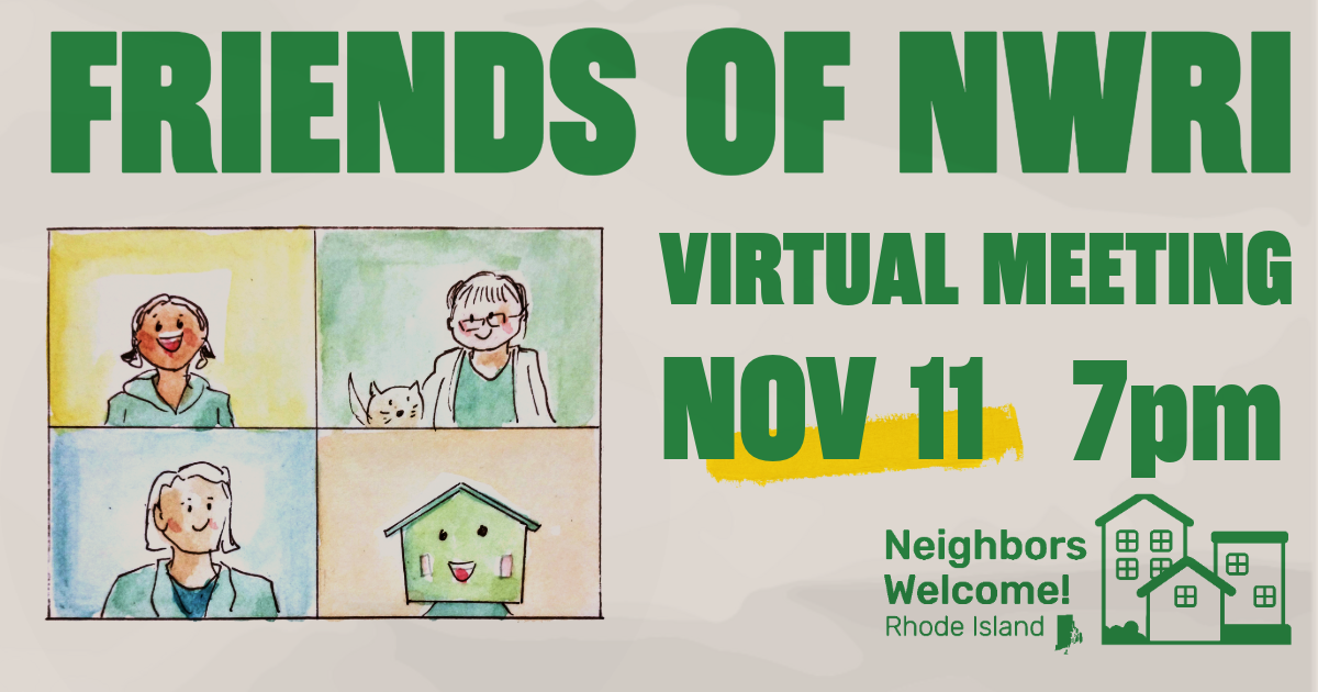 Flyer for "Friends of NWRI Virtual Meeting" on November 11 at 7 PM, featuring a 2x2 grid illustration of participants on a video call.