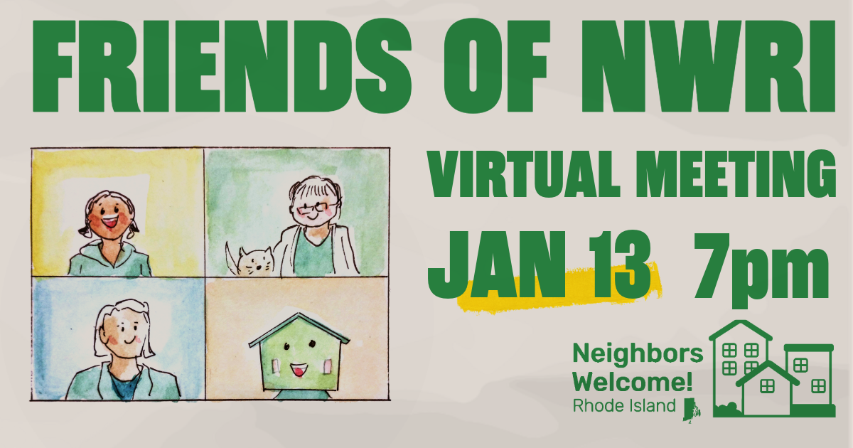 Flyer for "Friends of NWRI Virtual Meeting" on January 13 at 7 PM, featuring a 2x2 grid illustration of participants on a video call.