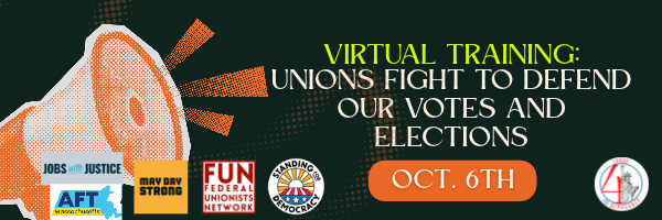 Rectangular graphic with a megaphone and the text "Virtual Training: Unions Fight to Defend Our Votes and Elections"
