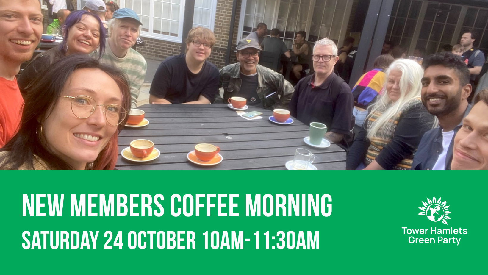 New Members Coffee Morning 10am-11:30am with a group selfie of new members at a cafe