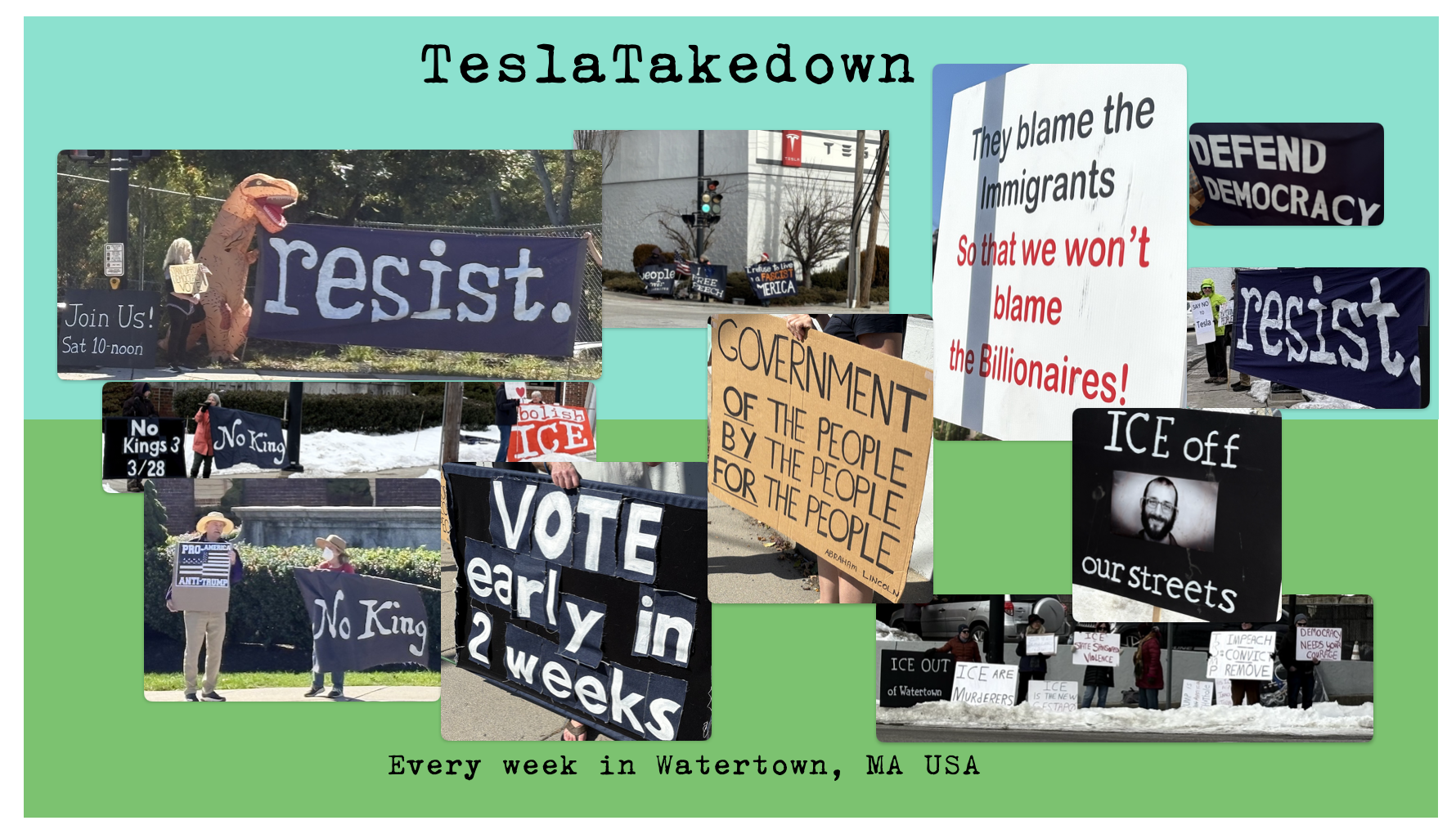 images of protesters at Watertown, MA TeslaTakedown 