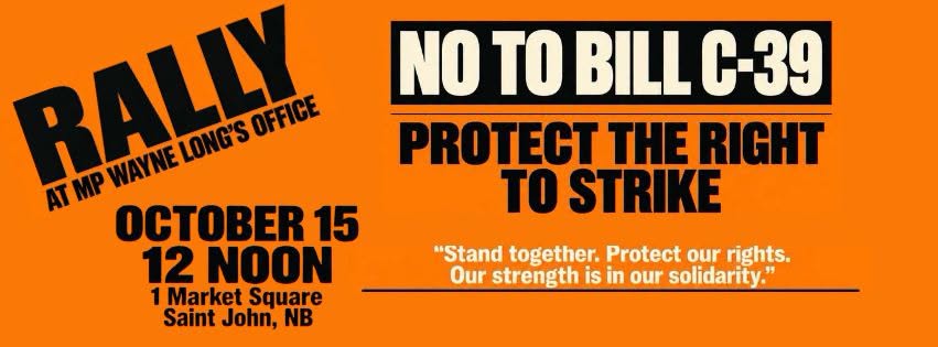 Rally poster image with No to Bill C-39: Protect the Right to Strike