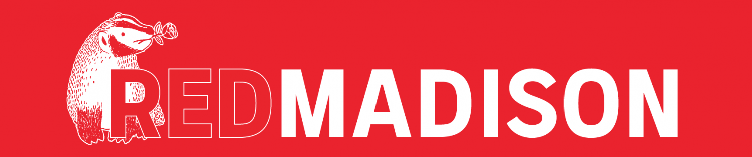 Red Madison logo with a badger holding a rose in its mouth