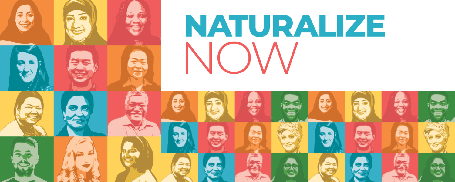 Image: Naturalize NOW Logo with happy interracial people in colored blocks. 