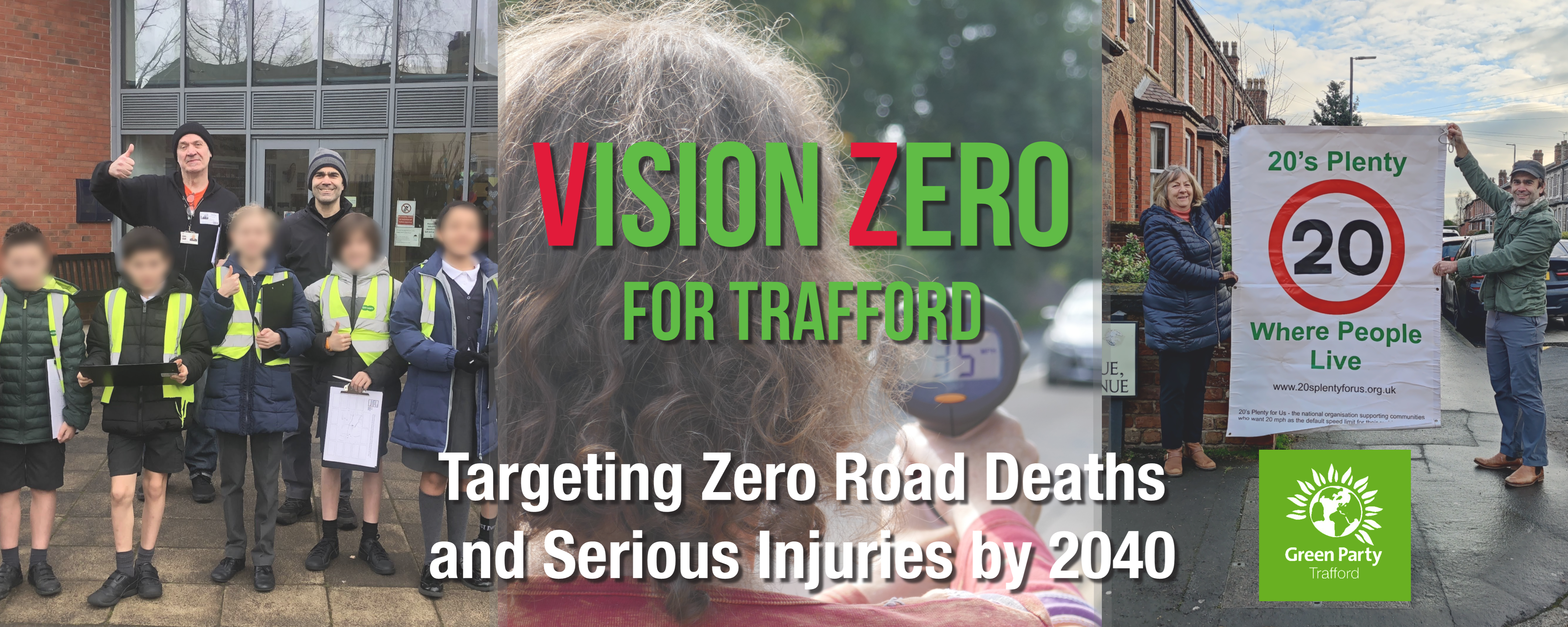 Vision Zero Banner featuring pictures of road safety campaigners (kids and adults)