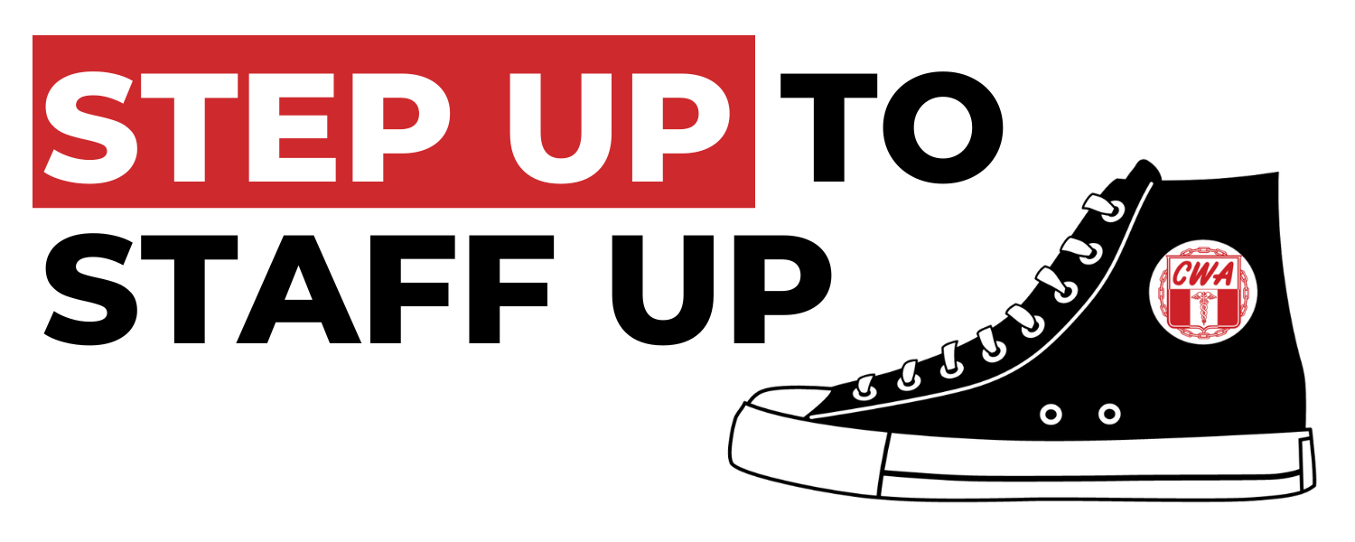 An image that says "Step Up to Staff Up" next to a converse sneaker with the CWA logo.