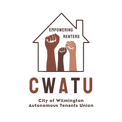 City of Wilmington Autonomous Tenants Union. Brown and tan logo with "power to the people" fists in front of an image of a house. 
