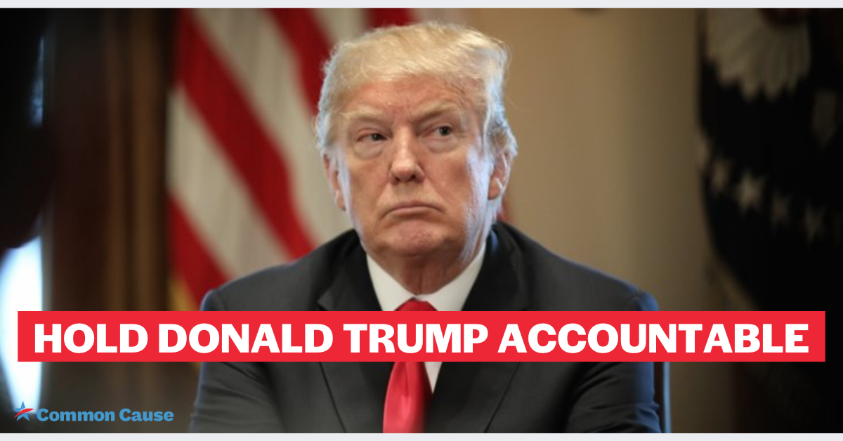 Picture of Donald Trump with text reading Hold Donald Trump Accountable
