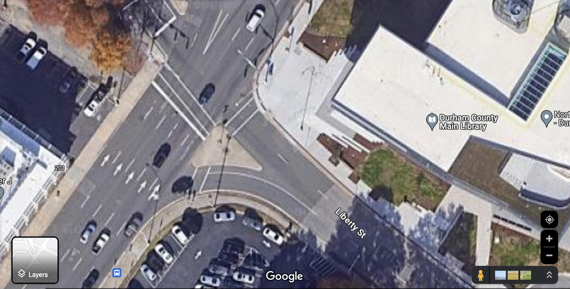 Let's make Mangum and Roxboro Safe for Everyone; google map of the intersection of Roxboro Street and Liberty Street in front of Durham County's Main Library