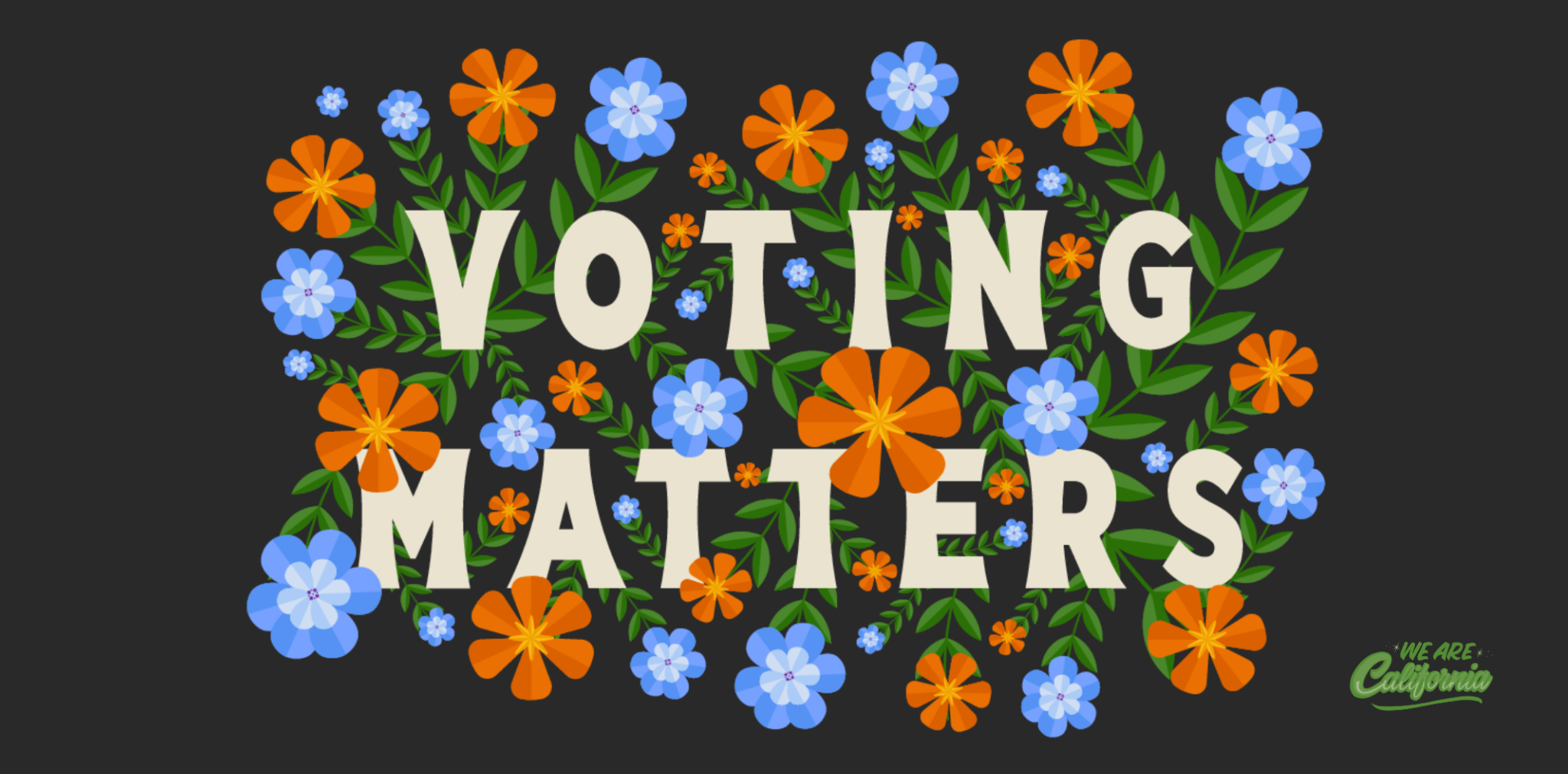 Black background with blue and orange flowers surrounding white text that reads Voting Matters 