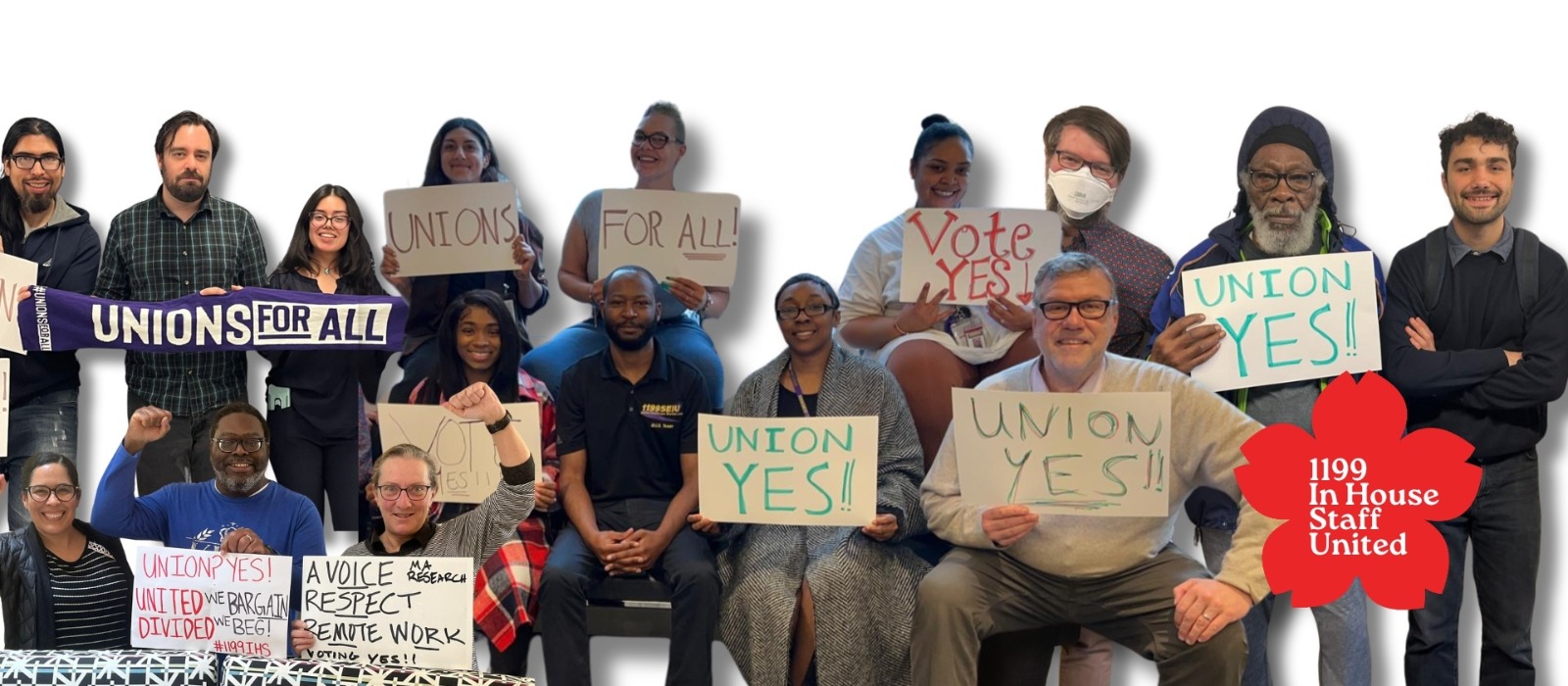 members of 1199 in house staff union holding signs that say union yes! and the 1199 in house staff union logo, a red flower
