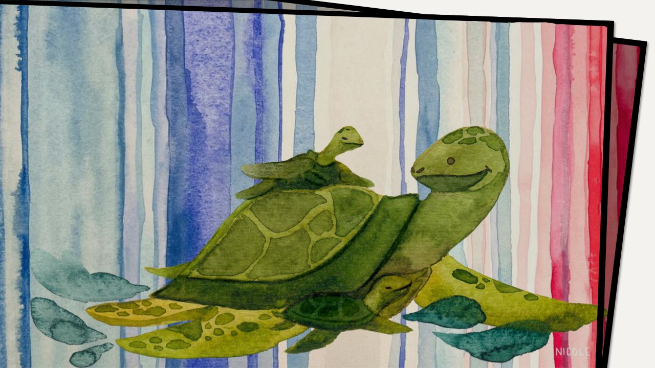 a watercolor painging of climate stripes behind a mother turtle with a small turtle on her back