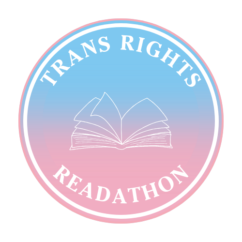 Trans Rights Readathon logo, a circular logo with the outline of a book in the center and a blue to pink gradient field with white text and highlights