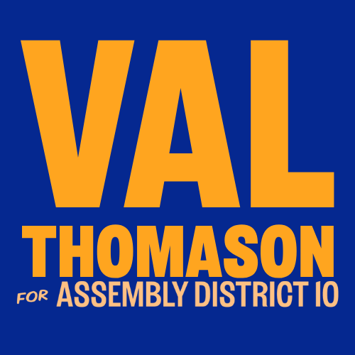logo that says Val Thomason in orange and for assembly district 10 in pink on a dark blue background