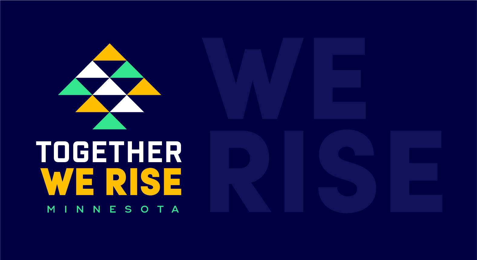 Logo of Together We Rise campaign with blue background and teal, yellow and white triangles