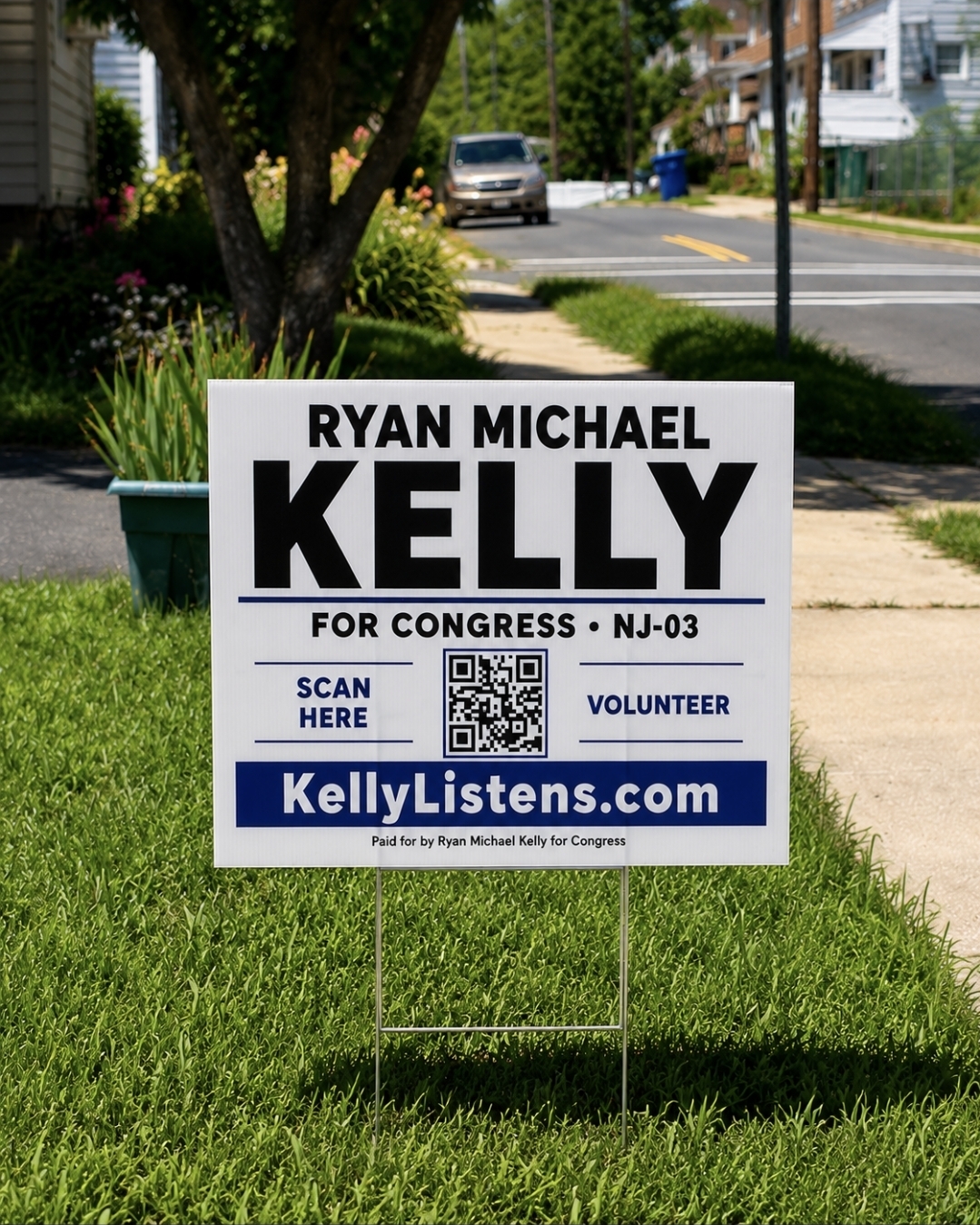 Ryan Michael Kelly for Congress yard sign displayed in a New Jersey neighborhood