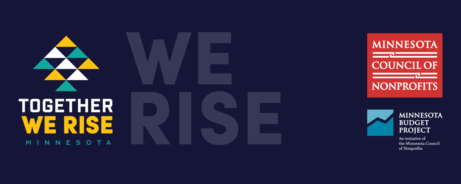 Logo of Together We Rise campaign with blue background and teal, yellow and white triangles
