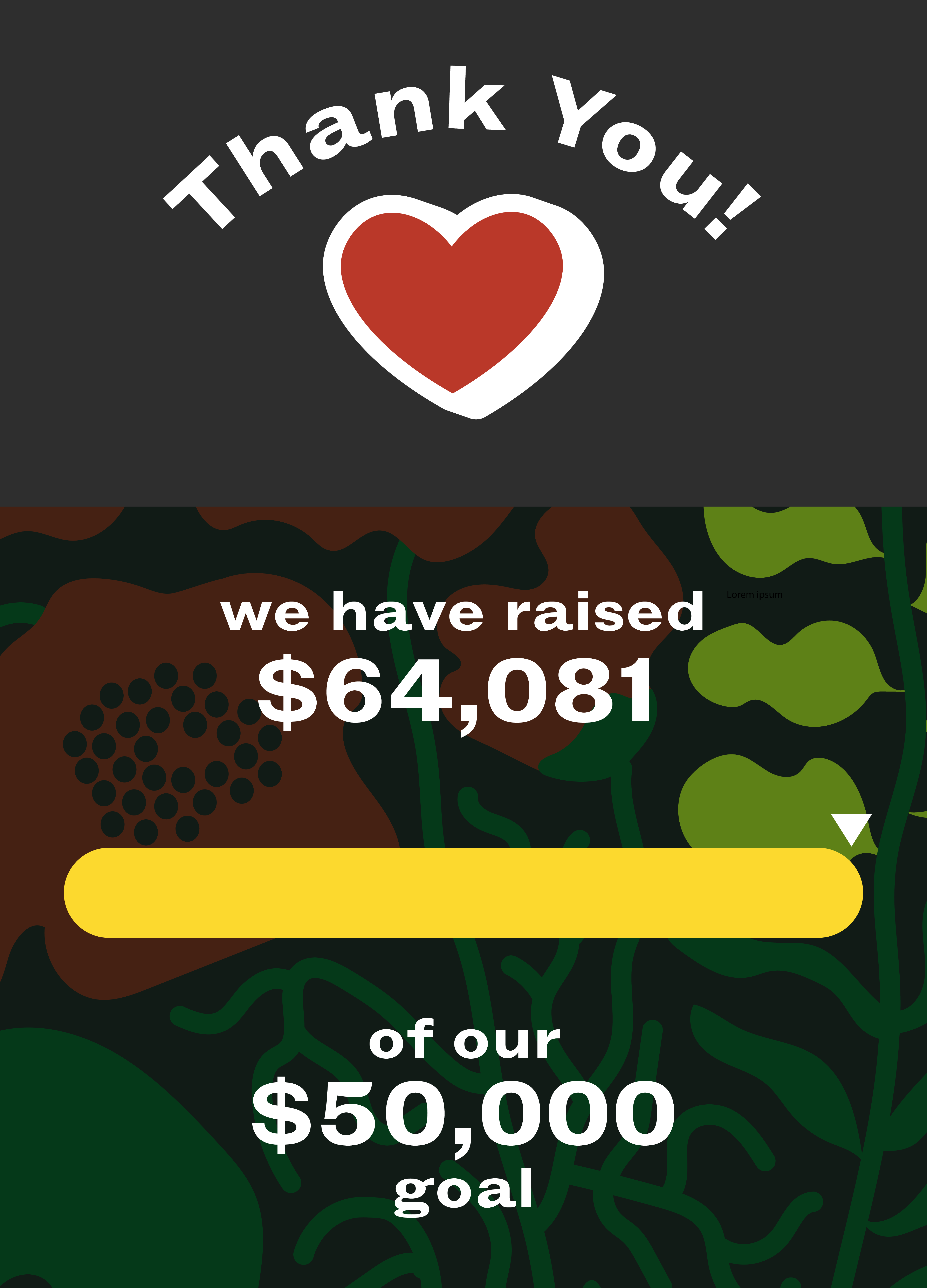A graphic with a heart and the words "Thank you" at the top, along with flowers and words "We have raised $64,081 of our $50,000 goal"