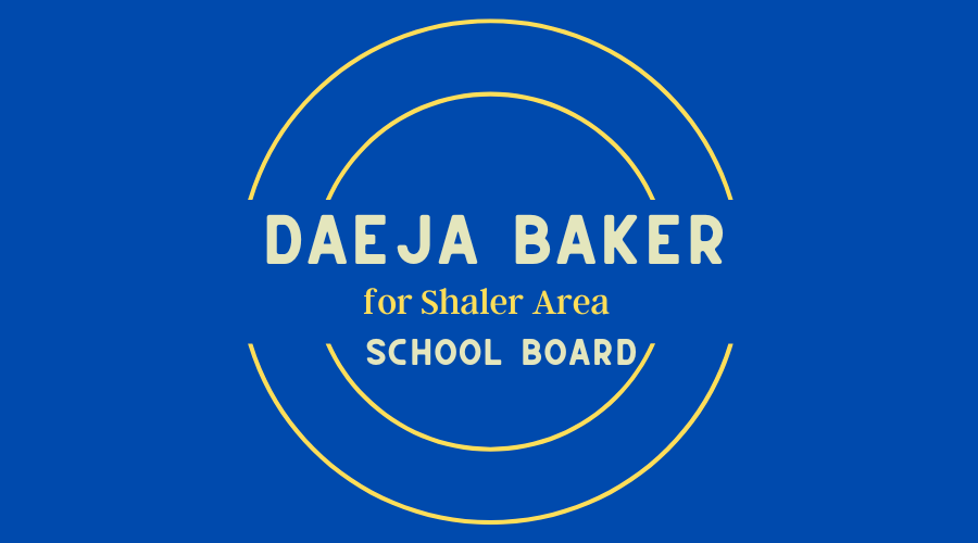 blue, yellow and off white banner that says "Daeja Baker for School Board"