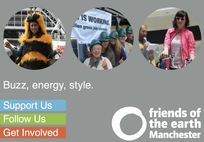 Promotional postcard for Manchester Friends of the Earth