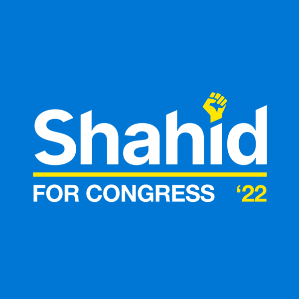 Shahid 2022 Campaign Logo. A white Shahid with a raised fist replacing the dot on the i, above the text "For Congress" and the year 2022.