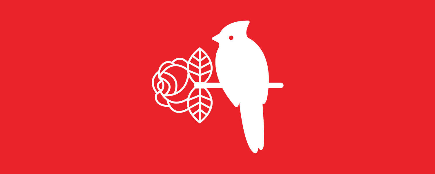 A red banner emblazoned with the Democratic Socialists of America - Central Indiana Chapter logo, depicting the profile of a cardinal sitting on the stem of a rose.
