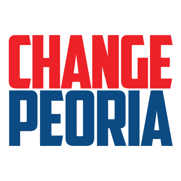 Change Peoria Logo Change in Red stacked on Peoria in Blue in American Captain Font 