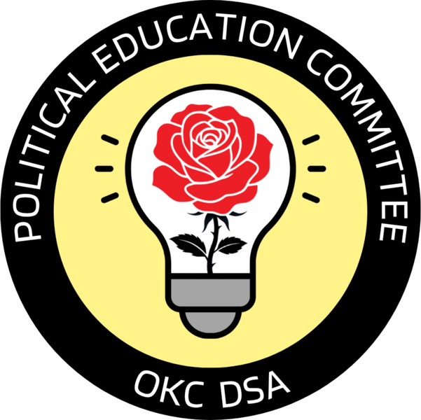 Logo for the OKC DSA Political Education Committee, featuring a red rose inside of a lightbulb with rays extending out from the sides of the bulb
