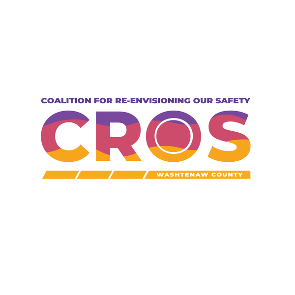 Image id: all caps text "CROS", wih purple, pink and yellow waves filling the text. There is a circle inside of the "O." Above in purple text in all caps, "Coalition for Re-Envisioning our Safety." Below is a yellow rectangle with three lines going throug