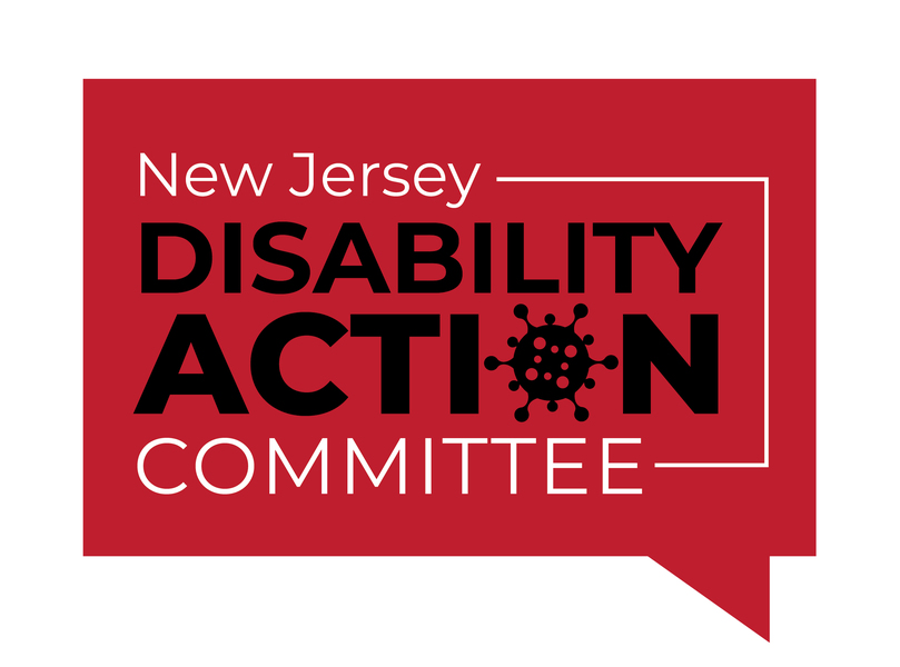 Red speech bubble with New Jersey Action Committee written in black with the "O" in action resembling a COVID molecule