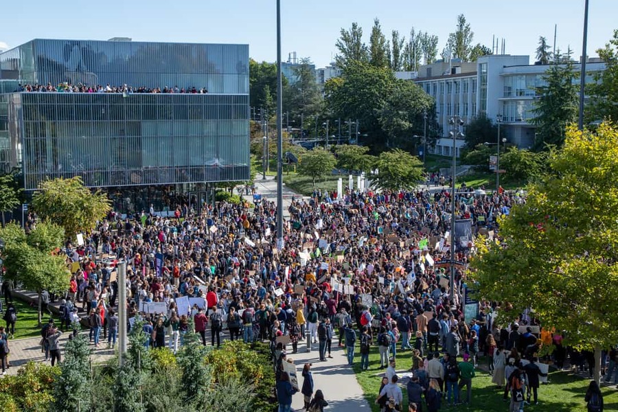 UBC students, faculty and staff in September 2019 gathered outside the Alumni Centre to protest for climate justice.