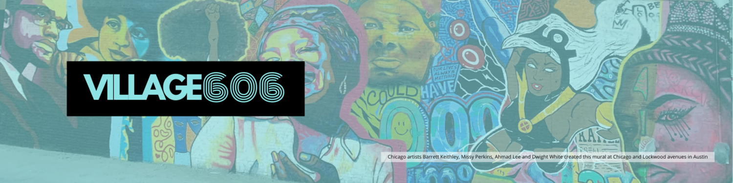 Chicago artists Barrett Keithley, Missy Perkins, Ahmad Lee, and Dwight White created this mural at Chicago and Lockwood avenues in Austin