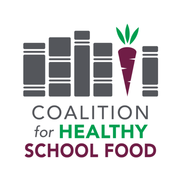 Coalition for Healthy School Food logo image with representation of books and a purple carrot