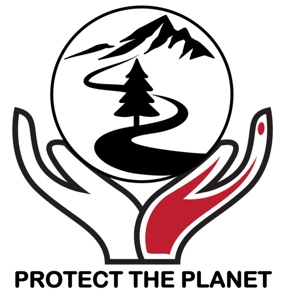 Protect the Planet Logo where two hands wrap around a circle with river tree and mountains contained within