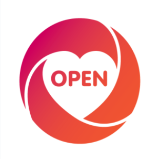 OPEN logo: A negative space heart within a pink and orange gradient circle.